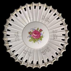 Antique 8" Hand Painted Floral Porcelain Fruit Bowl Scalloped Open Work Rim